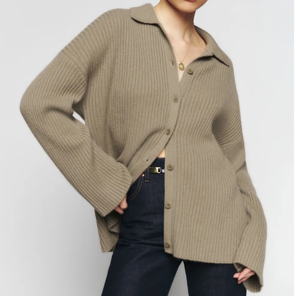 Reformation Fantino Cashmere Collared Cardigan in Lichen